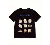 Shein Adorable Cat & Bread Cartoon Print T-Shirt for Women - Casual Crew Neck, Soft Cotton Blend, Machine Washable - Perfect for Summer