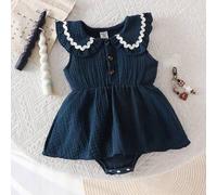 Shein Adorable vestido sin mangas de color azul bebé con cuello Peter Pan y detalles de perlas para uso casual diario, vestido body para bebé