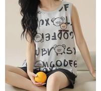 Shein [AICJ Ropa de dormir] Conjunto de pijama de 2 piezas con parte superior sin mangas y pantalones cortos con diseño de oso de la suerte para mujer, info