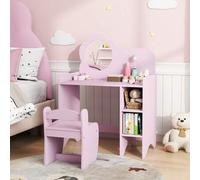 Shein AIYAPLAY Tocador de Maquillaje Niña, 2 en 1, Escritorio, Tocador Infantil con Taburete, Espejo en Forma de Flor, Estantes Abiertos, para Niños +3 Años