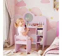 Shein AIYAPLAY Tocador de Maquillaje Niña, 2 en 1, Escritorio, Tocador Infantil con Taburete, Espejo en Forma de Flor, Estantes Abiertos, para Niños +3 Años