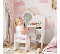 Shein AIYAPLAY Tocador de Maquillaje Niña, 2 en 1, Escritorio, Tocador Infantil con Taburete, Espejo en Forma de Flor, Estantes Abiertos, para Niños +3 Años