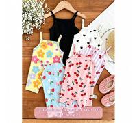 Shein [Aleatorio, 1 pieza enviada] Mono de tirantes casual para niñas con estampado vintage lindo y dulce multicolor de fresa, cereza, corazón y flores, est