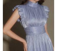 Shein ALIAO Vestido largo elegante de moda vintage gris-azul brillante con volantes plisados y falda completa, vestido de noche romántico y exquisito, vesti
