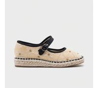 Shein Alpargatas Planas Mary Jane de lona de rafia con bordado de perlas, Merceditas Planas para Mujer (Talla Pequeñas)
