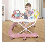 Shein Andador plegable para bebé, apto para 6-24 meses, con reposapiés antideslizante, con barra de empuje, convertible en plato de comida, rosa/verde/caqui