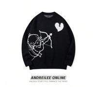 Shein Andreilee Suéter De Manga Larga Negro De Jacquard Con Corazón De Tiro De Ángel Pequeño, Lindo Y Sencillo Para Hombre, Top De Punto Suelto Estilo Calle