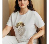 Shein Anewsta Nueva Camiseta Casual de Vacaciones Versátil Básica Cuello Redondo Manga Corta Bordado de Perla Oceánica Patrón de Medusa Artesanal 100% Algod