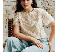 Shein Anewsta Nueva Camiseta de Mujer de Moda Elegante con Cuello Redondo, Bordado de Cuentas y Textura, Atuendo de Vacaciones de Verano, Playa, Parte Super