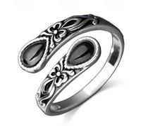 Shein Anillo de cuchara de ágata negra de plata esterlina S925, hipoalergénico y sin níquel, anillo de pulgar ajustable con mariposa, grabado floral vintage