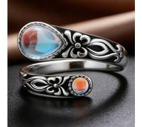 Shein Anillo de cuchara de piedra lunar de plata esterlina S925, hipoalergénico y sin níquel, anillo de pulgar ajustable con mariposa, talla vintage con flo