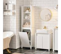 Shein Armario alto de baño BZR102-W con cesta de ropa, gabinete de lavandería, cofre de lavandería para decoración del hogar, organizador de baño, accesorio