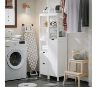 Shein Armario alto de baño BZR123-W con cesta de ropa, gabinete de lavandería, cofre de lavandería, decoración de baño, organizador de baño, accesorios de v