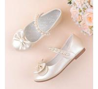Shein Bailarinas con lazo blanco y champán para niñas, zapatos elegantes para vestir para bodas, fiestas, días festivos, adecuados para niñas pequeñas, niña