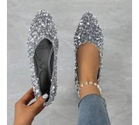 Shein Bailarinas de punta plateadas con lentejuelas para mujer, con suela blanda, zapatos casuales con brillo adecuados para fiesta, boda y uso diario