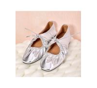 Shein Bailarinas planas con diseño fruncido metálico para mujer, bailarinas de punta cuadrada plateadas glamorosas para regalos al aire libre y festivales d
