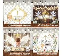 Shein Banners personalizados con fondo para bautizo, diseño con cáliz dorado, ángel arrodillado y cruz dorada para fiestas de bautizo. "Bendice a Dios, Mi P
