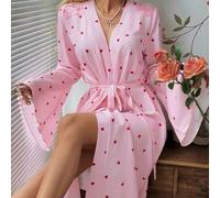 Shein Bata de baño con estampado de corazón rojo y parches de encaje, pijama de manga larga con estampado lindo para mujeres, primavera y otoño