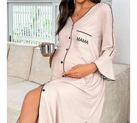 Shein Bata de maternidad con ribete de color contrastante, manga acampanada, manga 3/4, bolsillo delantero, estampado de letras, ropa de estar en casa, otoñ