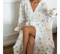 Shein Bata larga de mujer con estampado floral pequeño para otoño, ropa de dormir holgada, bata de baño, ropa de estar en casa, luna de miel, blanco, floral