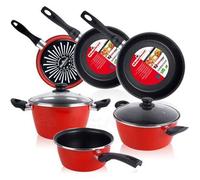 Shein Bateria de Cocina 5 piezas + Set Juego 3 Sartenes ✅Envíos 24/48h✅ 18-20-24cm, Acero Vitrificado 820ºC, Libre PFOA, Magefesa, Grana, Rojo