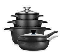 Shein Batería de Cocina Inducción 10 Piezas ✅Envíos 24/48h ✅ Aluminio Fundido 3 Ollas 2 Sartenes Antiadherente Tapas, Briebe, MGK1819, Negro