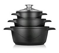 Shein Batería de Cocina Inducción 6 Piezas, ✅ Envíos 24/48h✅, Aluminio Fundido, 3 Ollas con Tapa de Cristal Antiadherente, Briebe, MGK-18, 16-20-24 cm, Negr