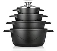 Shein Batería de Cocina Inducción 8 Piezas, ✅Envíos 24/48h✅, Aluminio Fundido 4 Ollas con Tapa de Cristal Antiadherente, Briebe, MGK-12, 16-20-24-28 cm, Neg