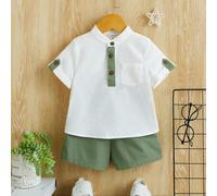 Shein Bebé niño Camisa con parche con bolsillo con botón & Shorts