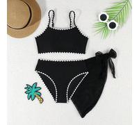 Shein Bikini de 3 piezas para niña preadolescente, traje de baño de unicolor de punto con concha bordada, traje de baño de moda para trajes de baño negros p
