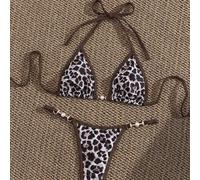 Shein Bikini de dos piezas con cuello halter y lazo para mujer, verano primavera, sexy, favorecedor para busto pequeño, efecto adelgazante, estampado de leo