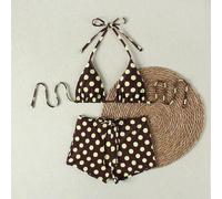 Shein Bikini de hombros descubiertos con base de color marrón y lunares amarillos claros, traje de baño de tres piezas con estilo dividido de cintura alta y