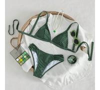 Shein Bikini de triángulo con tirantes anchos a rayas de color verde oscuro para mujer, con sensación de lujo minimalista y cómodo soporte, conjunto de traj
