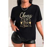 Shein Black Polyester Stretch Knit Women's Casual Fashion T-Shirt, "Cheers to the New Year" Print, Round Neck, Short Sleeve, Spring/Summer/Autumn