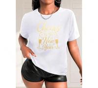 Shein Black Polyester Stretch Knit Women's Casual Fashion T-Shirt, "Cheers to the New Year" Print, Round Neck, Short Sleeve, Spring/Summer/Autumn