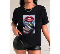 Shein Black & White Pop Art Lipstick & Currency Print T-shirt, Short Sleeve Crew Neck Casual Top For Summer & Spring, Women's Clothing