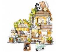 Shein Bloque de construcción de juguete Cafetería de la ciudad, Casa de té de panda, set de construcción de cafetería abierta, adecuado como regalo u orname