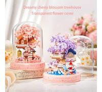 Shein Bloques de construcción de casa con árbol de flores de cerezo en miniatura, artículo de exhibición coleccionable, flor eterna, decoración para el hoga