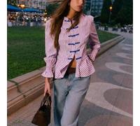 Shein Blusa a rayas con elegante cuello mao, silueta ajustada con peplum y puños fruncidos con estilo, que ofrece una opción refinada y femenina para los at