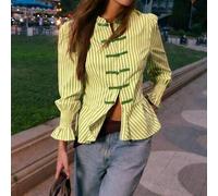 Shein Blusa a rayas con elegante cuello mao, silueta ajustada con peplum y puños fruncidos con estilo, que ofrece una opción refinada y femenina para los at