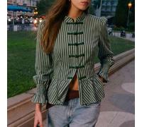 Shein Blusa a rayas con elegante cuello mao, silueta ajustada con peplum y puños fruncidos con estilo, que ofrece una opción refinada y femenina para los at