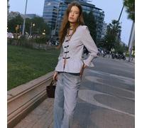 Shein Blusa a rayas con elegante cuello mao, silueta ajustada de peplum y puños fruncidos con estilo, que ofrece una opción refinada y femenina para los atu