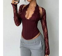 Shein Blusa ajustada de manga larga con parches de encaje romántica, elegante y seductora para mujeres, adecuada para citas, check-ins, fiestas y salidas