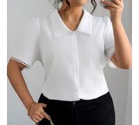 Shein Blusa blanca elegante para mujer de talla grande, camisa de vestir informal con cuello Peter Pan y adorno de encaje