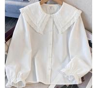 Shein Blusa blanca elegante y linda con cuello Peter Pan, top holgado de manga larga con lazo 3D dulce, dobladillo con volantes estilo francés, estilo escol