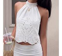 Shein Blusa casual blanca de verano para vacaciones con bordado de ojales, cuello halter, para salir, estilo Euro Summer