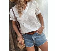 Shein Blusa casual de cuello en V, manga abultada, bordado de ojal francés, para vacaciones