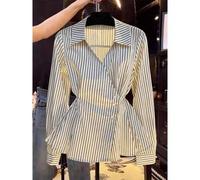 Shein Blusa casual de manga larga con cuello en V francés y cintura con lazo para mujer de talla grande, adecuada para uso diario, citas, vacaciones, fiesta