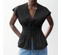 Shein Blusa con lazo frontal, cintura plisada y hombros 2025 Otoño/Invierno, Moda elegante urbana romántica punk occidental Y2K country música festival vint