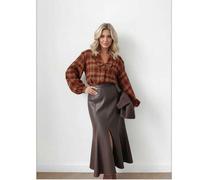 Shein Blusa con mangas abullonadas a cuadros vintage para mujer, camisa con cuello retro de tela suave, ideal para looks casuales y elegantes de otoño